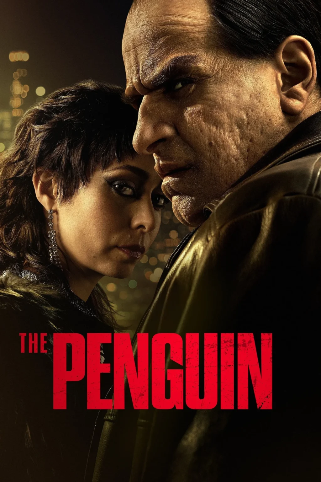 poster of tv series the penguin showing oswald cobblepot and sofia falcone standing side by side