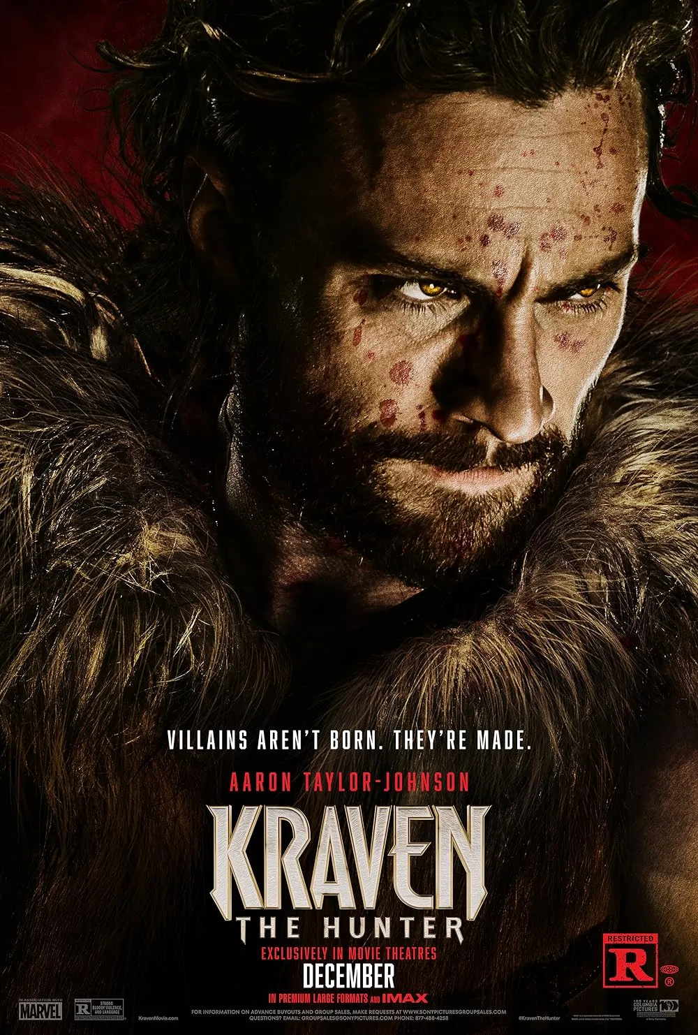 Official poster of Kraven the Hunter featuring Aaron Taylor-Johnson as Sergei Kravinoff in an intense, action-packed pose